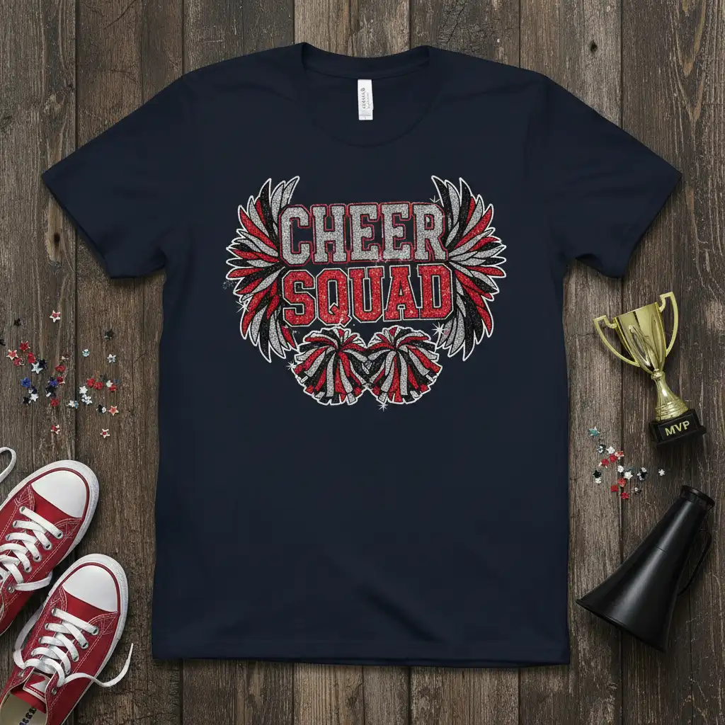 Cheer Squad text design with glitter accents, red and black wings, and pom-poms, perfect for spirit wear
