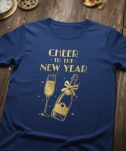 Cheer to the New Year t-shirt with gold champagne bottle and glass graphic, perfect for holiday celebrations