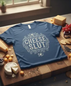 Blue t-shirt with white "Cheese Slut" text and a small mouse graphic, styled with cheese and crackers