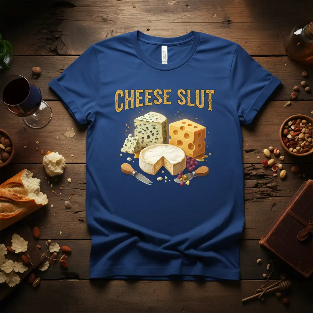 CHEESE SLUT quote t-shirt featuring a variety of delicious cheeses like brie, blue cheese, and swiss