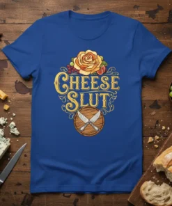 Funny "Cheese Slut" text with a decorative rose and crossed knives graphic on a blue t-shirt