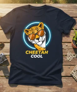 Cheetah Cool graphic t-shirt with a cheetah wearing sunglasses inside a neon circle