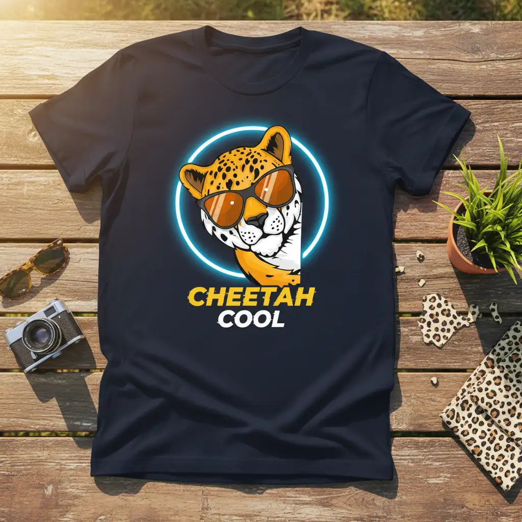 Cheetah Cool graphic t-shirt design featuring a sunglasses-wearing cheetah in a neon circle