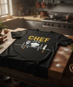 Black t-shirt with "CHEF ECG" text and culinary graphics like a chef hat, spatula, and knife forming a heartbeat line