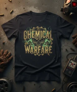 Chemical Warfare t-shirt design with a distressed skull graphic and gear elements