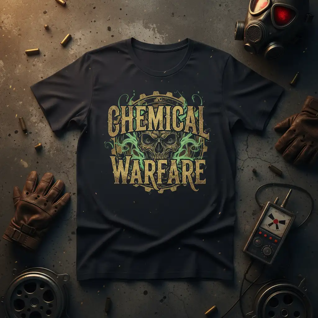Chemical Warfare skull graphic t-shirt design with distressed typography and hazard elements