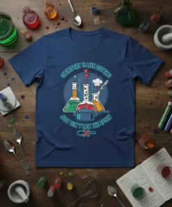Blue t-shirt with "Chemistry Is Like Cooking Just Don't Lick The Spoon" text and science beaker graphics