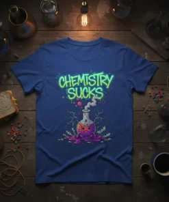 Chemistry Sucks t-shirt with green graffiti-style text and a cartoon beaker graphic