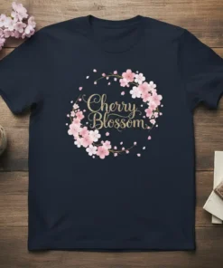 Navy t-shirt with glitter gold text "Cherry Blossom" surrounded by a pink and white cherry blossom flower wreath