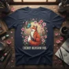 Cherry Blossom Fox T-Shirt design with a fox sitting among pink cherry blossoms and a blue butterfly