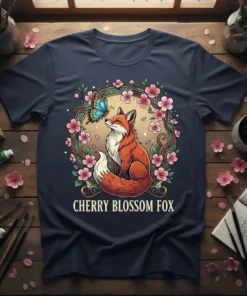 Cherry Blossom Fox T-Shirt design with a fox sitting among pink cherry blossoms and a blue butterfly
