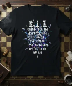 T-shirt featuring the phrase OIMMM TQWTM TYFTCTK NRN WII HGT SH NYC-TMBAW DYWTSSFGTSON IHYTHTGO IKI NM NH Y with chess