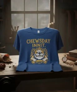 Chewsday Innit text and bulldog graphic on a blue t-shirt, featuring a crown and a bone