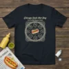 Chicago Style Hot Dog Periodic (Dinner) Table design on a navy t-shirt, featuring ingredients like pure beef, pickles, and tomato