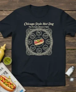 Chicago Style Hot Dog Periodic (Dinner) Table design on a navy t-shirt, featuring ingredients like pure beef, pickles, and tomato