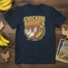 Chicken Banana retro cartoon t-shirt design with a happy chicken and banana character