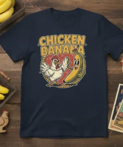 Chicken Banana retro cartoon t-shirt design with a happy chicken and banana character