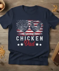 Chicken Dad American flag t-shirt design with two roosters and patriotic stars and stripes graphic