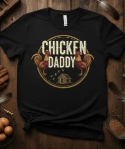 Chicken Daddy t-shirt with a vintage design featuring roosters, a small chicken coop, and the text "CHICKEN DADDY"