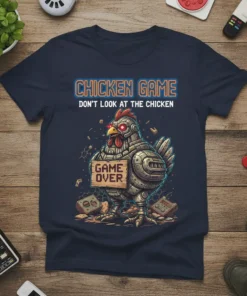 Robotic chicken holding a "Game Over" sign, with "Chicken Game Don't Look At The Chicken" text on a navy t-shirt