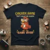 Chicken Game Don't Look At The Chicken Game Over t-shirt design featuring a cartoon chicken wearing goggles and drinking coffee
