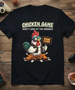 Funny chicken gamer t-shirt with "Chicken Game Don't Look At The Chicken Game Over" text and cartoon chicken holding sign