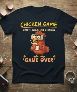 Chicken Game Don't Look At The Chicken Game Over t-shirt design featuring a cartoon chicken wearing goggles and drinking coffee