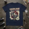 T-shirt design with text "CHICKEN GAME DON'T LOOK AT THE CHICKEN GAME OVER" and a graphic of a fierce rooster
