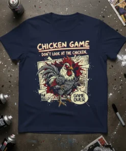 T-shirt design with text "CHICKEN GAME DON'T LOOK AT THE CHICKEN GAME OVER" and a graphic of a fierce rooster