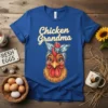 Chicken Grandma text with a cute chicken wearing a bandana graphic on a blue t-shirt