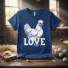White Silkie chicken illustration with the word LOVE below on a navy blue t-shirt