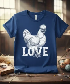 White Silkie chicken illustration with the word LOVE below on a navy blue t-shirt