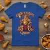 Chicken Nugget Queen t-shirt design featuring a crowned bird in armor sitting on a throne of nuggets, holding a torch