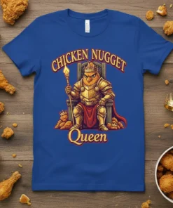 Chicken Nugget Queen t-shirt design featuring a crowned bird in armor sitting on a throne of nuggets, holding a torch