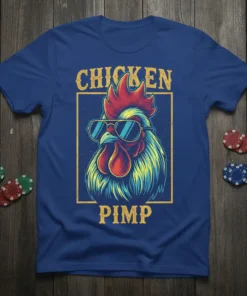 Chicken Pimp t-shirt with a rooster wearing sunglasses, bold yellow text above and below the graphic