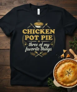 Chicken Pot Pie three of my favorite things quote with pie graphic on black t-shirt
