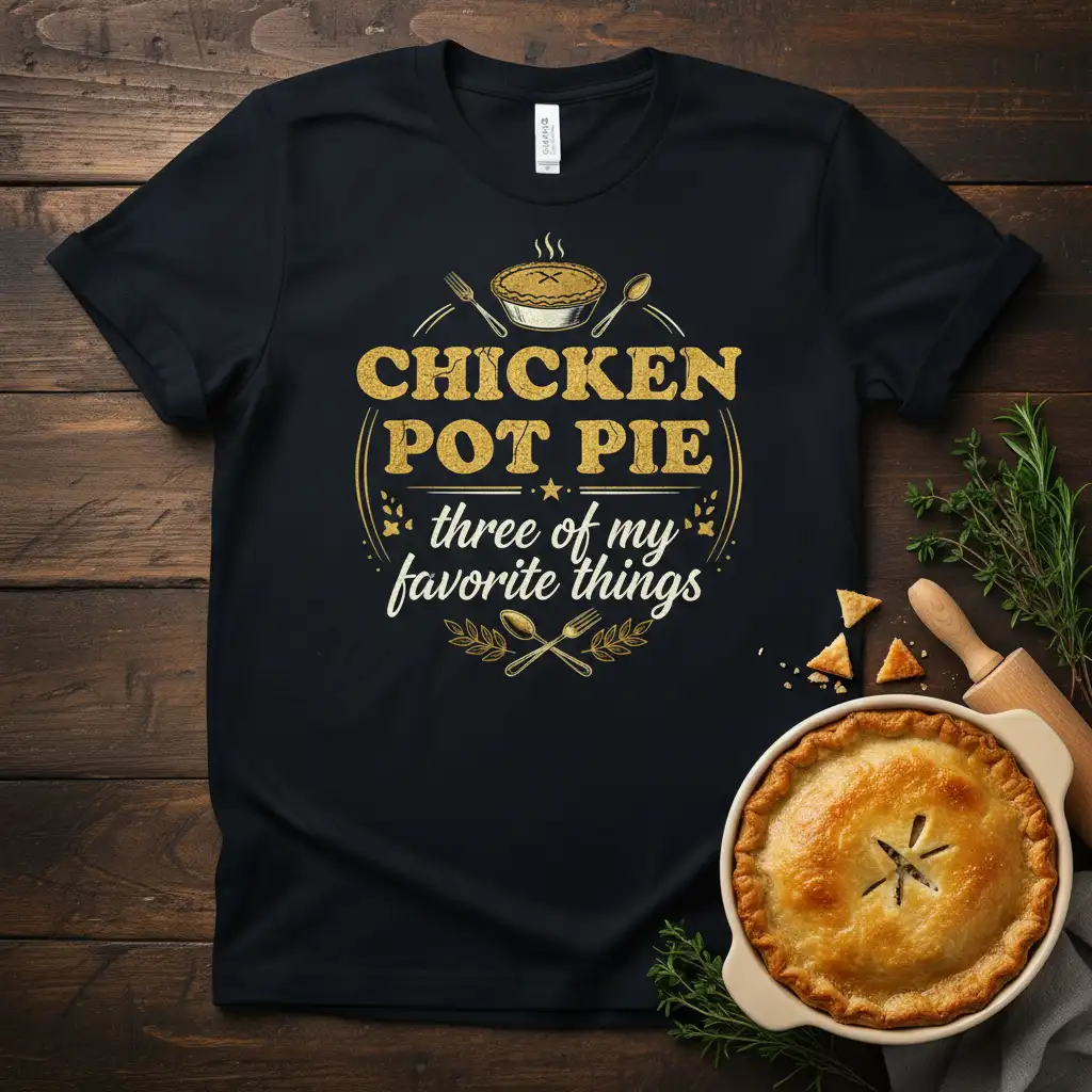 Chicken Pot Pie three of my favorite things quote tee with steaming pie graphic and cutlery accents