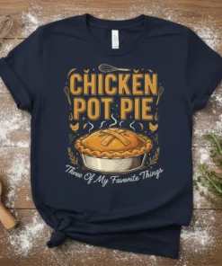 Chicken Pot Pie Three Of My Favorite Things graphic tee design featuring a golden-brown pie, whisk, and chickens