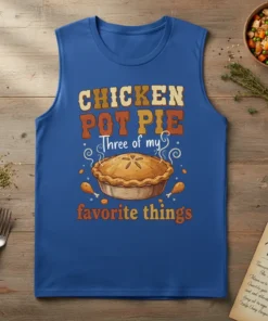 Chicken Pot Pie Three of my favorite things text design with a graphic of a golden-brown pie and chicken legs