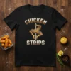 Funny "Chicken Strips" t-shirt design featuring a muscular chicken character performing a pole dance