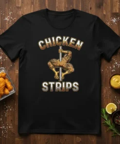 Funny "Chicken Strips" t-shirt design featuring a muscular chicken character performing a pole dance