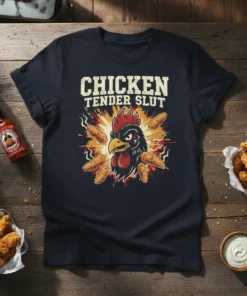 Chicken Tender Slut funny t-shirt design with a rooster and fried chicken tenders, bold text