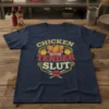 Chicken Tender Slut text with cartoon chicks and chicken tenders on a navy blue t-shirt