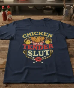 Chicken Tender Slut text with cartoon chicks and chicken tenders on a navy blue t-shirt