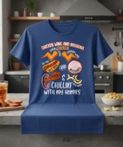 T-shirt design featuring the text "Chicken Wing and Bologna Chillin' With My Homies" surrounded by illustrations of chicken wings, hot