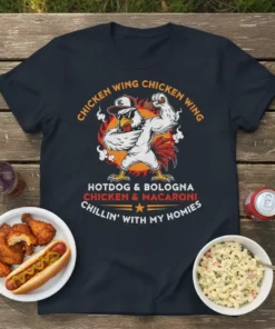 Funny chicken wearing sunglasses and flexing, with text "Chicken Wing Chicken Wing Hotdog & Bologna Chillin' With My Homies"