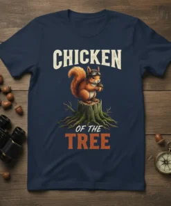 Chicken Of The Tree t-shirt design with a squirrel wearing aviator goggles on a tree stump
