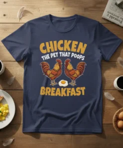 Navy t-shirt with "CHICKEN THE PET THAT POOPS BREAKFAST" text, featuring two roosters and a fried egg graphic