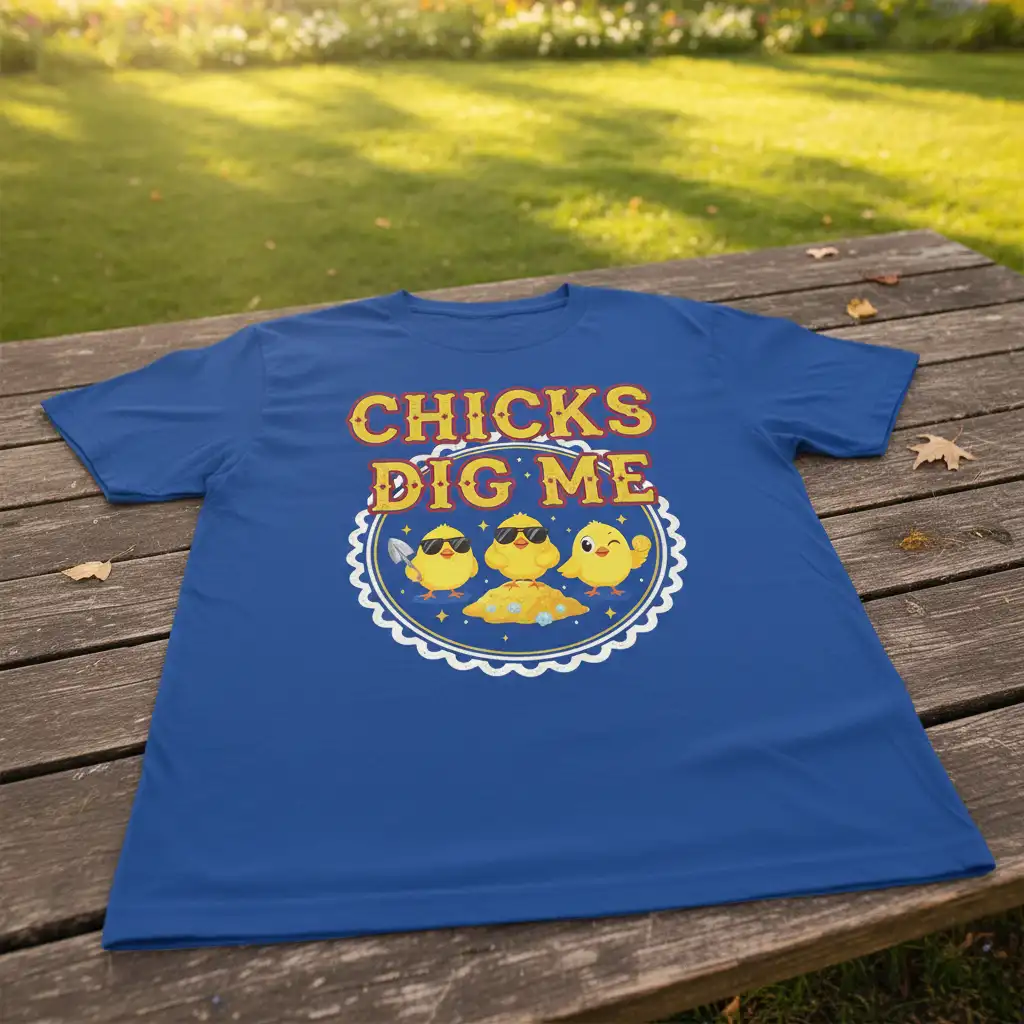 Chicks Dig Me funny Easter chick graphic with three baby birds and text, perfect for spring apparel