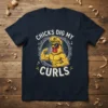 Chicks Dig My Curls funny chicken t-shirt design with a muscular rooster flexing his biceps